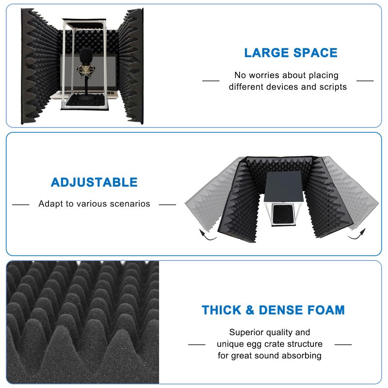 TroyStudio Large Microphone Isolation Shield, Foldable Vocal Booth Reflection Filter, 2 Inches Thick Acoustic Foam Panel Music Sing Podcast Recording Studio Adjustable Sound Box for Desk & Laptop - Image 4